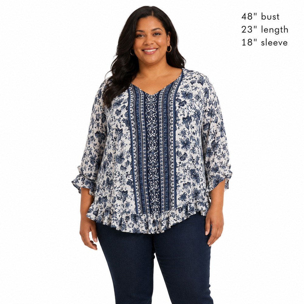 Cynthia Rowley Blue White Floral Ruffle 3/4 Sleeve Boho Beachy Top Shirt sz 1X